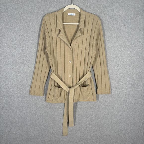 New Look Cardigan Sweater Large Tan Pockets Ribbed Neutral Quiet Luxury Academia - Picture 1 of 10